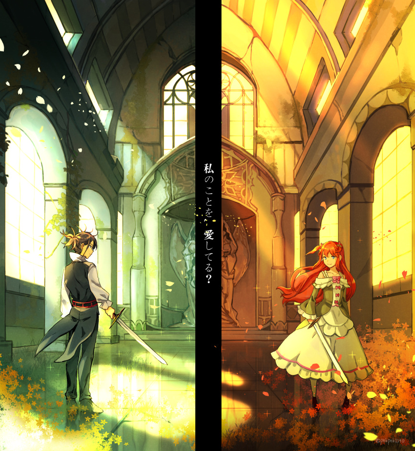 1boy bangsutur bare_shoulders brown_hair dress female flower highres holding holding_weapon indoors light_rays long_hair off-shoulder_dress off_shoulder petals re:zero_kara_hajimeru_isekai_seikatsu red_hair smile standing statue sunbeam sunlight sword theresia_van_astrea translation_request weapon wilhelm_(re:zero)