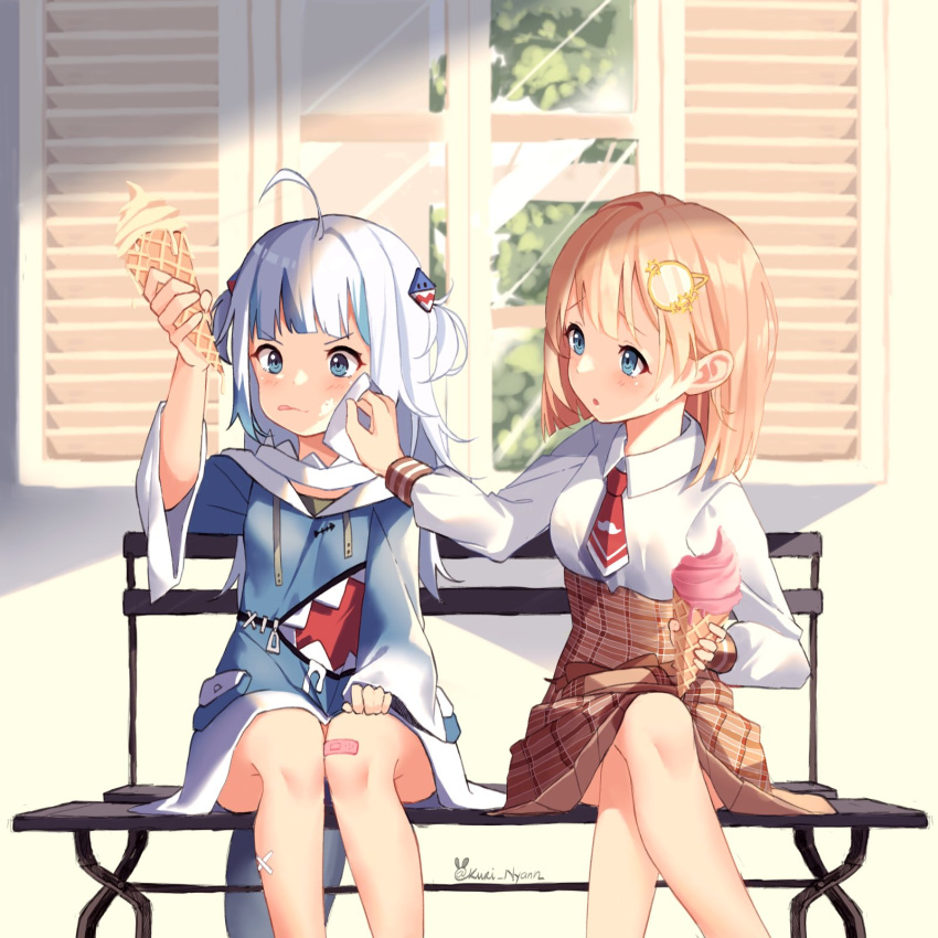 2girls :o ahoge bandaid bandaid_on_knee bandaid_on_leg bench blonde_hair blue_eyes blue_hair blush breasts collared_shirt crossed_legs english_commentary fins fish_tail food food_on_face gawr_gura gawr_gura_(1st_costume) grey_hair hair_behind_ear hair_ornament hand_on_own_thigh high-waist_skirt highres holding holding_food hololive hololive_english ice_cream ice_cream_cone kuri_(animejpholic) multicolored_hair multiple_girls open_mouth plaid plaid_skirt shark_tail shirt shirt_tucked_in sitting skirt small_breasts streaked_hair tail tongue tongue_out twitter_username two_side_up v-shaped_eyebrows virtual_youtuber watson_amelia watson_amelia_(1st_costume) white_shirt window wiping_face