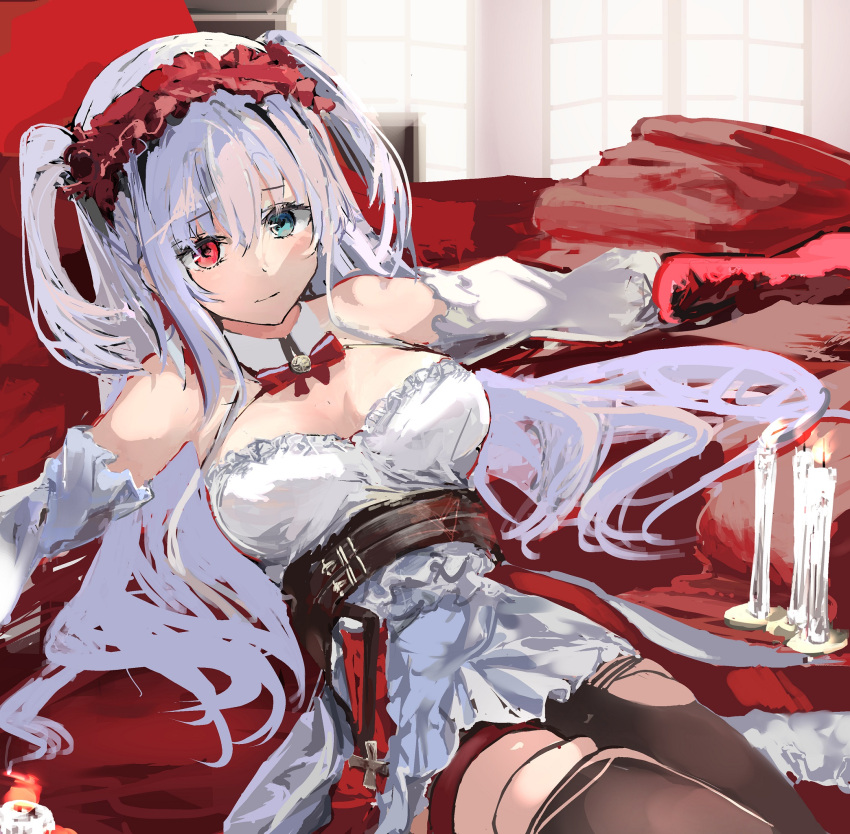 azur_lane belt black_pantyhose blue_eyes bow bowtie breasts candle closed_mouth dress elbing_(azur_lane) elbing_(the_throne_of_misfortune)_(azur_lane) feet_out_of_frame female hair_ornament heterochromia highres hinaname long_hair looking_at_viewer lying medium_breasts official_alternate_costume on_bed pantyhose red_bow red_bowtie red_eyes solo torn_clothes torn_pantyhose twintails white_dress white_hair