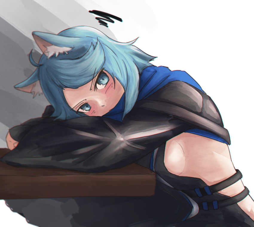 ahoge animal_ear_fluff animal_ears arknights bad_id bad_twitter_id blue_eyes blue_hair blush breasts cat_ears female from_side gradient_background grey_background highres leaning_forward long_sleeves looking_at_viewer looking_to_the_side medium_breasts monique_(arknights) revealing_clothes short_hair sideboob sitting solo squiggle superbeek4 swept_bangs table v-shaped_eyebrows white_background