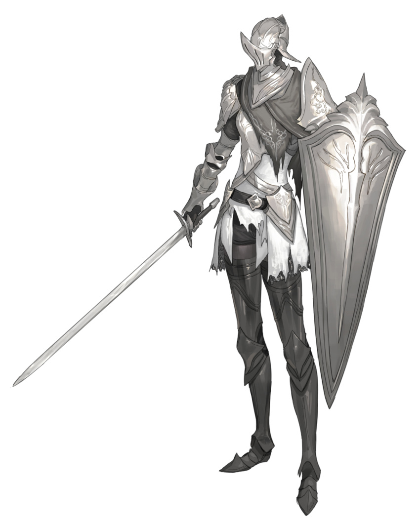 1other ambiguous_gender armor armored_boots belt boots breastplate full_armor full_body greaves helmet highres holding holding_shield holding_sword holding_weapon km_yama knight original pauldrons shield shoulder_armor simple_background solo standing sword weapon white_background