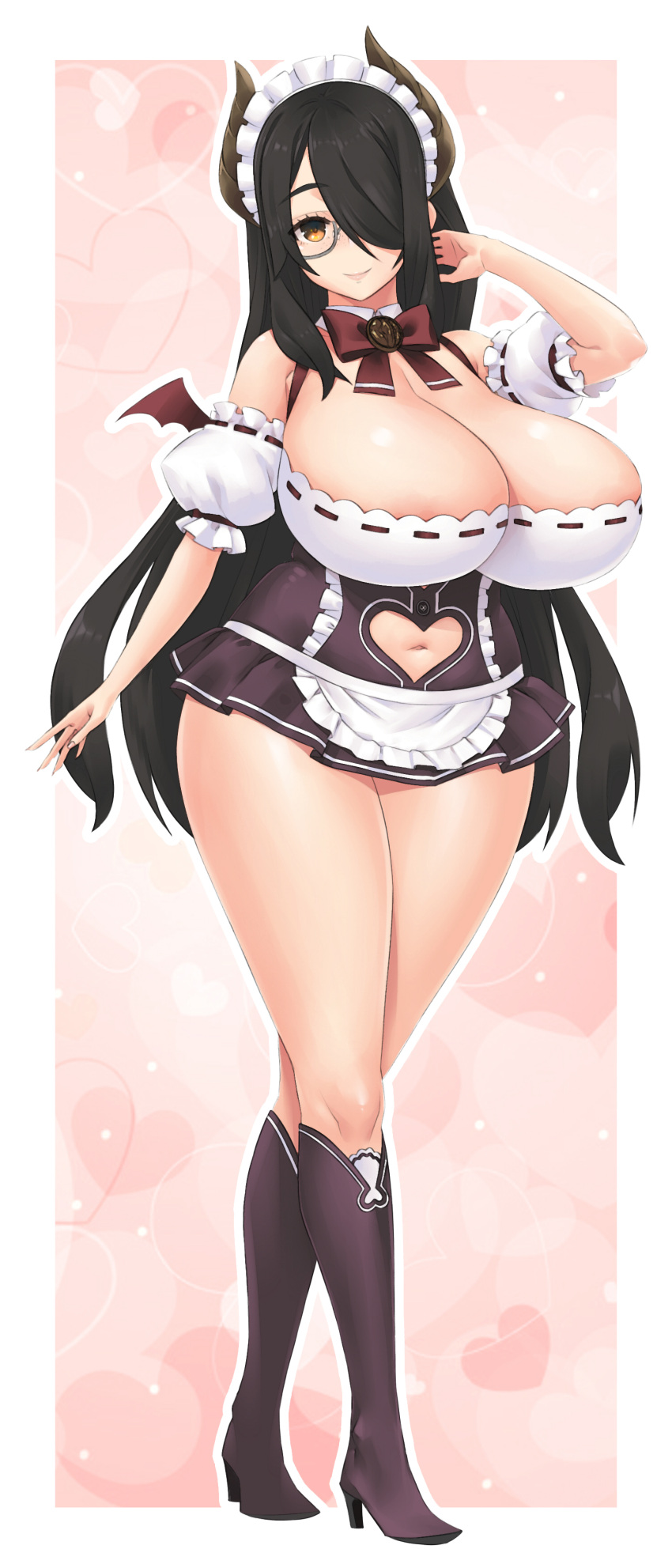 absurdres bad_id bad_pixiv_id black_footwear black_hair black_skirt blush boots breasts brown_eyes cleavage clothing_cutout demon_girl demon_horns dress female freckles full_body glasses hair_over_one_eye hayama_kazusa high_heel_boots high_heels highres horns huge_breasts indie_virtual_youtuber itou_life_(vtuber) knee_boots long_hair looking_at_viewer miniskirt navel navel_cutout short_dress skirt smile solo swept_bangs virtual_youtuber