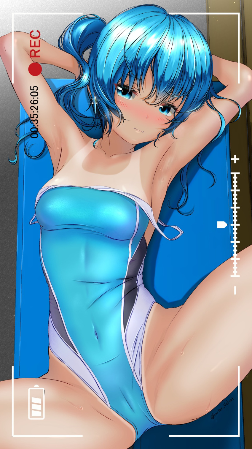 aigami_kaon armpits bed blue_eyes blue_hair blue_one-piece_swimsuit blush breasts cameltoe clothes_pull commentary_request competition_swimsuit covered_navel cowboy_shot female garter-velvet highleg highleg_swimsuit highres looking_at_viewer lying medium_breasts multicolored_clothes multicolored_swimsuit one-piece_swimsuit one-piece_swimsuit_pull one-piece_tan original pov recording solo swimsuit tan tanlines viewfinder