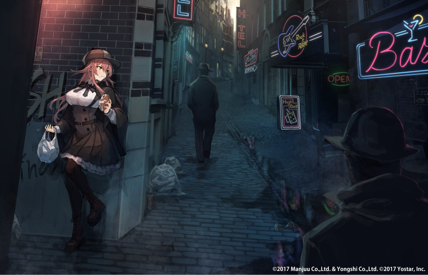 2boys alley anpan azur_lane bag belt black_dress black_legwear boots breasts brown_footwear buttons cosplay deerstalker dress female food food_on_face graffiti hat highres holding holding_bag holding_food large_breasts long_hair looking_to_the_side manjuu_(azur_lane) mephisto_(angraecum) milk multiple_boys neon_lights night official_alternate_costume official_art outdoors pantyhose plastic_bag red_hair satellite_dish sherlock_holmes sherlock_holmes_(cosplay) trash_bag volga_(an_irresistible_ar_adventure)_(azur_lane) volga_(azur_lane) yellow_eyes