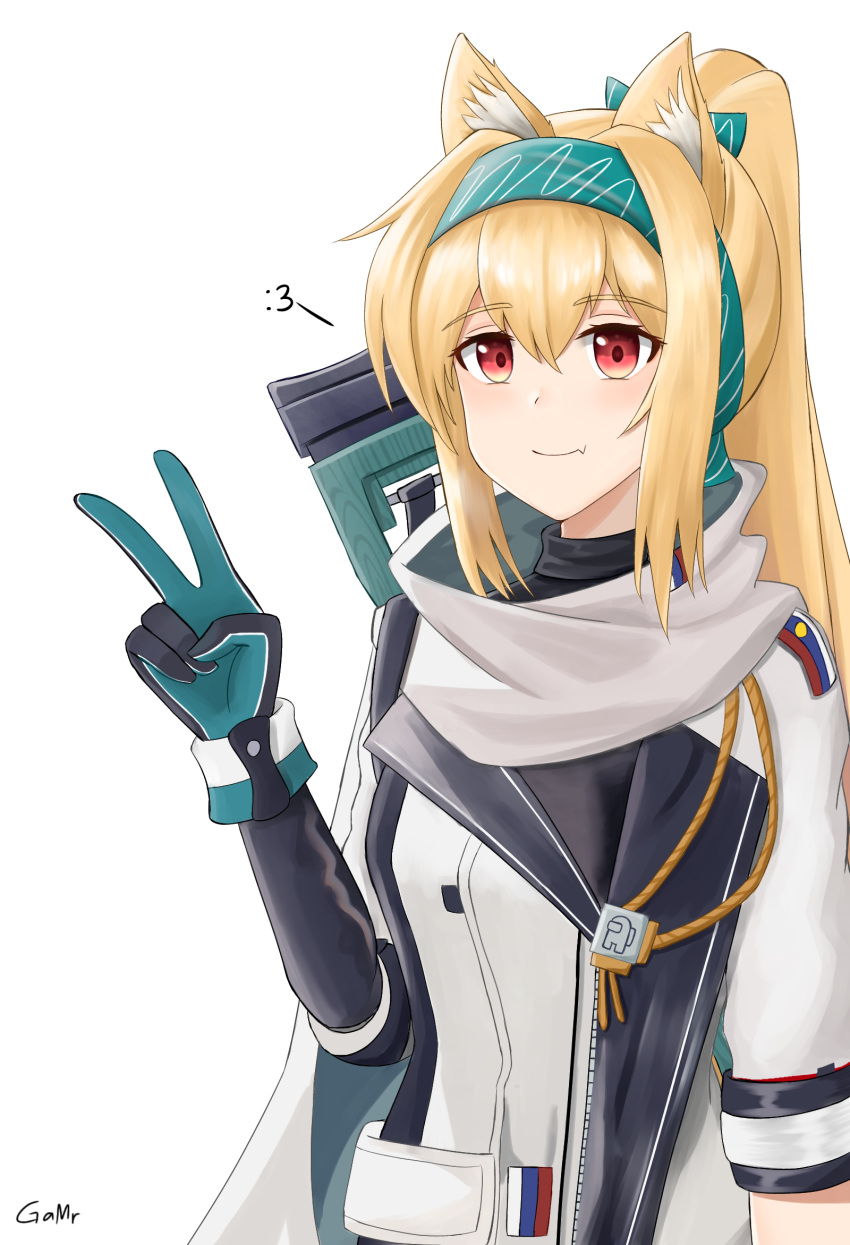 :3 among_us animal_ear_fluff animal_ears arknights artist_name black_bodysuit blonde_hair bodysuit bolt_action bow cat_ears closed_mouth crewmate_(among_us) fang_out female gamryous girls'_frontline gloves green_bow green_hairband gun hairband hairbow highres jacket light_blush long_hair looking_at_viewer multicolored_clothes multicolored_gloves oerba_yun_fang ponytail red_eyes rifle russian_flag scarf simple_background skin_fang smile sniper_rifle solo sora_(arknights) sv-98 sv-98_(girls'_frontline) sv-98_(mod3)_(girls'_frontline) turtleneck upper_body v weapon white_background white_jacket white_scarf