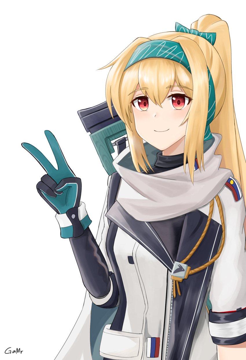 artist_name black_bodysuit blonde_hair bodysuit bolt_action bow closed_mouth female gamryous girls'_frontline gloves green_bow green_hairband gun hairband hairbow highres jacket light_blush long_hair looking_at_viewer multicolored_clothes multicolored_gloves ponytail red_eyes rifle russian_flag scarf simple_background smile sniper_rifle solo sv-98 sv-98_(girls'_frontline) sv-98_(mod3)_(girls'_frontline) turtleneck upper_body v weapon white_background white_jacket white_scarf