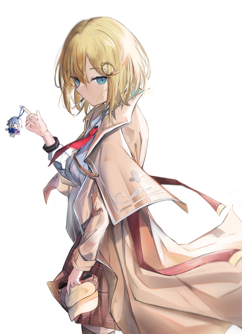 absurdres akirasaphien blonde_hair blue_eyes bob_cut brown_coat coat cowboy_shot female gawr_gura hair_between_eyes hair_ornament highres hololive hololive_english long_sleeves looking_at_viewer necktie red_necktie shirt short_hair smoking solo virtual_youtuber watson_amelia watson_amelia_(1st_costume) white_background white_shirt