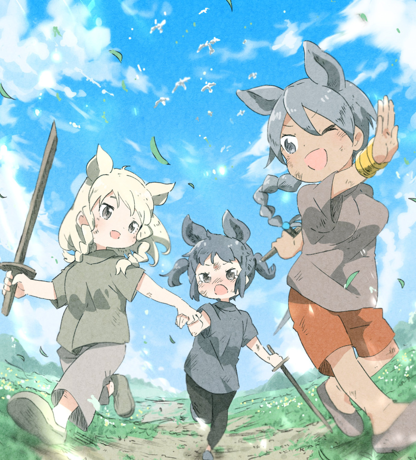 3girls absurdres aged_down alternate_costume alternate_hairstyle animal animal_ears bird black_hair black_rhinoceros_(kemono_friends) blonde_hair blue_sky bracelet braid braided_ponytail day drill_hair extra_ears fisheye grey_eyes grey_hair hair_between_eyes hakoneko_(marisa19899200) highres holding holding_hands indian_rhinoceros_(kemono_friends) jewelry kemono_friends lolicon long_hair looking_at_another medium_hair multiple_girls one_eye_closed open_mouth outdoors outstretched_arm pants running scratches shirt shoes short_sleeves shorts sidelocks sky smile sword tail tan tearing_up toy_sword twin_drills two_side_up v-shaped_eyebrows weapon white_rhinoceros_(kemono_friends) wind wooden_sword