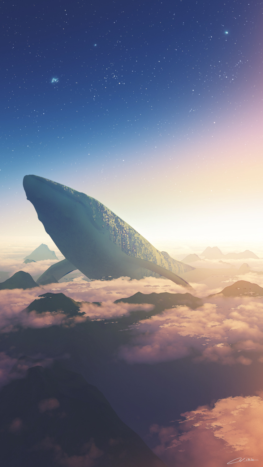 animal blue_whale cloud flying_animal flying_whale highres horizon morning mountain night night_sky no_humans original outdoors oversized_animal scenery signature sky star_(sky) starry_sky waisshu_(sougyokyuu) whale