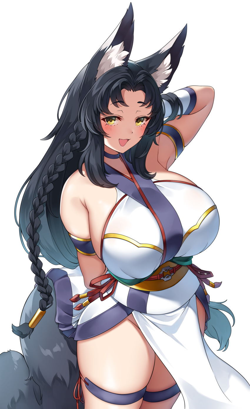 absurdres animal_ear_fluff animal_ears arm_behind_back arm_up armband bare_shoulders black_hair blush braid breasts commission female fox_ears fox_tail groin highres huge_breasts japanese_clothes long_hair no_panties original pelvic_curtain side_braid sideboob simple_background skeb_commission smile solo suruga_(xsurugax) tail thigh_strap very_long_hair white_background yellow_eyes