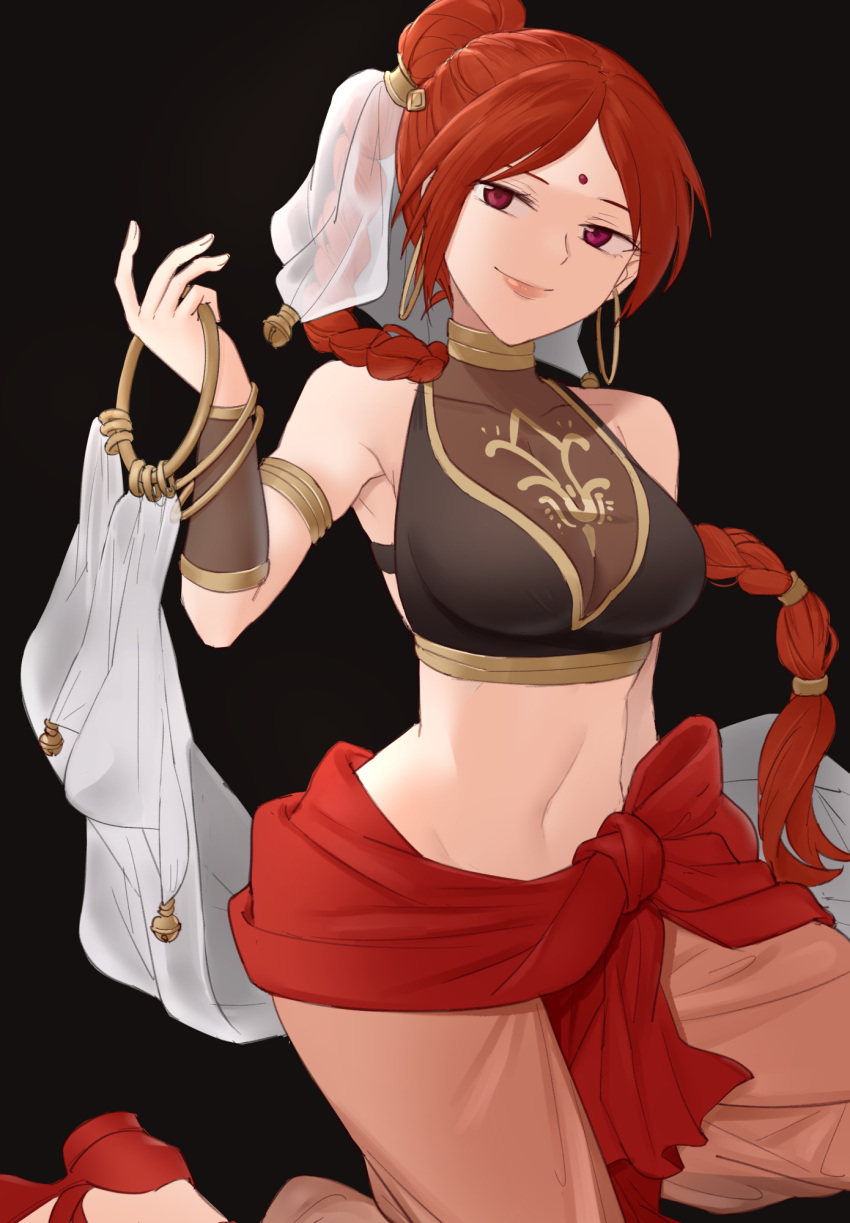 bare_shoulders braid braided_ponytail breasts crop_top dancer earrings ebinku female fire_emblem fire_emblem:_the_sacred_stones harem_pants highres hoop_earrings jewelry large_breasts long_hair looking_at_viewer pants red_eyes red_hair smirk tethys_(fire_emblem) very_long_hair