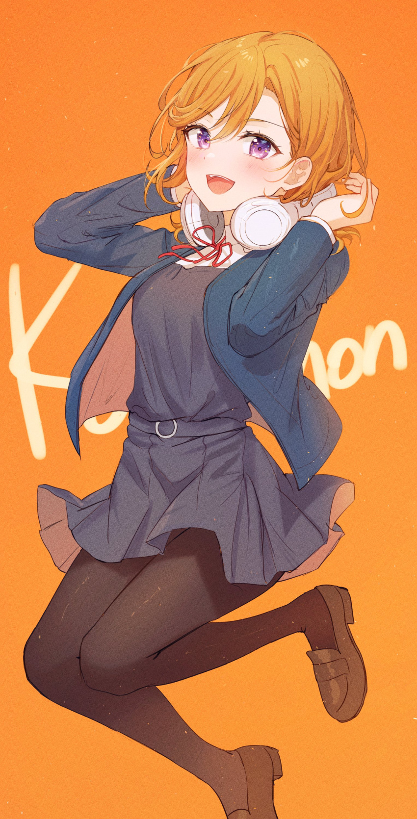 :d absurdres bad_id bad_twitter_id black_pantyhose black_skirt blue_jacket blush brown_footwear commentary female headphones headphones_around_neck highres jacket loafers long_sleeves looking_at_viewer love_live! love_live!_superstar!! medium_hair neck_ribbon open_mouth orange_background orange_hair pantyhose purple_eyes red_ribbon ribbon school_uniform shibuya_kanon shoes short_hair skirt smile solo teeth tokkyu upper_teeth_only yuigaoka_school_uniform