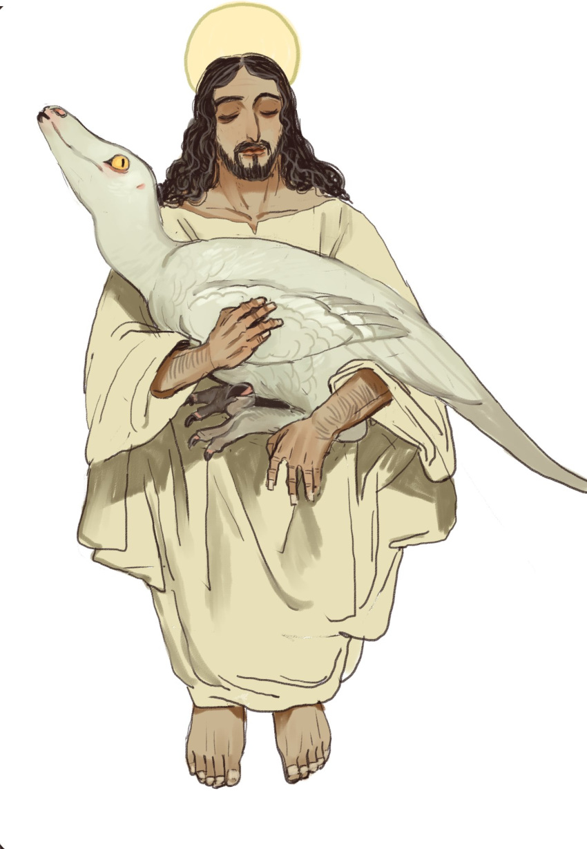 1boy animal barefoot beard black_hair closed_eyes closed_mouth commentary dinosaur facial_hair feathered_dinosaur halo highres holding holding_animal invisible_chair jesus long_hair male_focus mossacannibalis prehistoric_animal raptor raptor_jesus robe simple_background sitting solo symbol-only_commentary the_bible too_literal velociraptor white_background