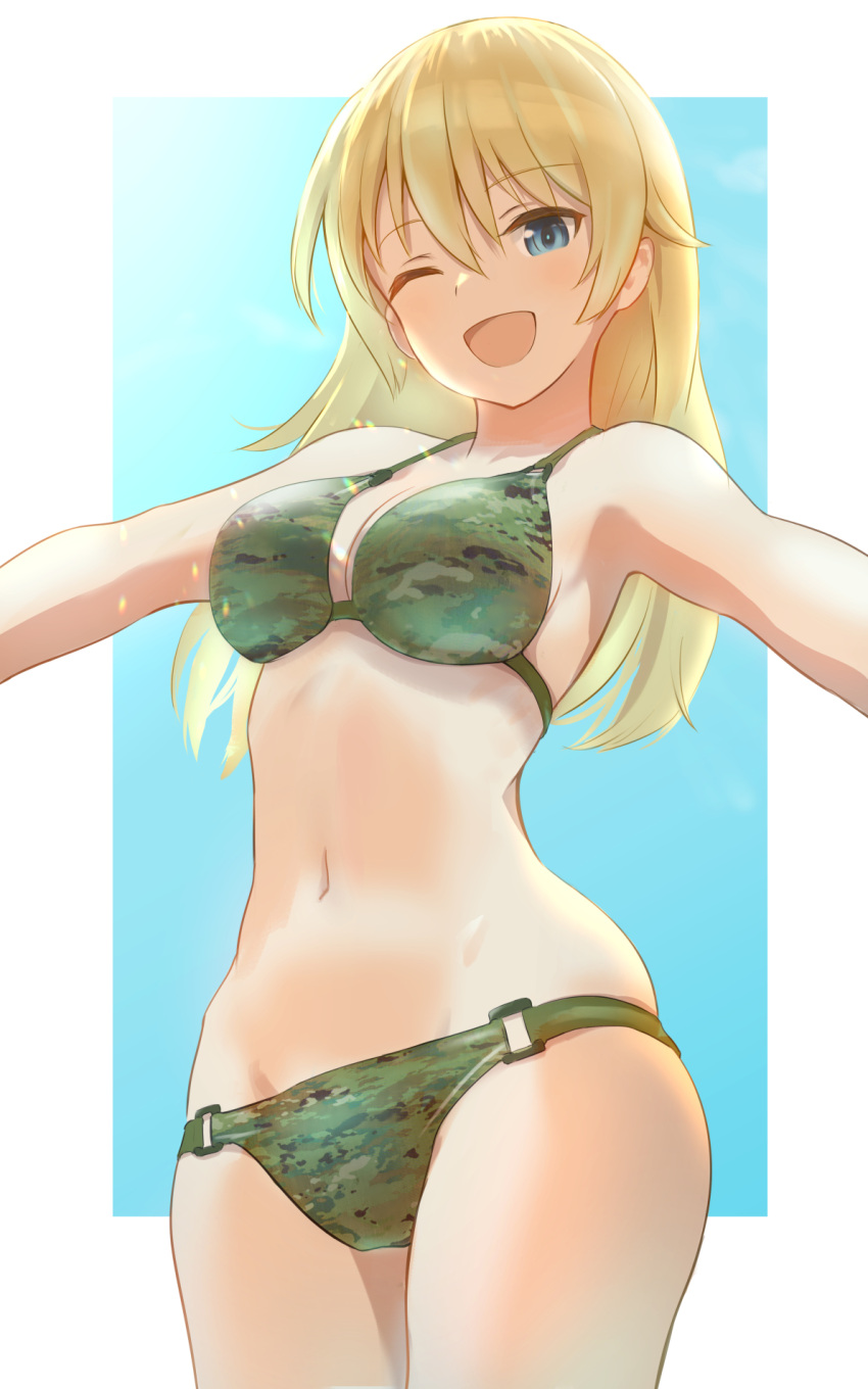 alice_gear_aegis bikini blue_eyes border breasts camouflage camouflage_bikini female groin hair_between_eyes highres light_blush long_hair looking_at_viewer medium_breasts motsunukisuki navel one_eye_closed outside_border outstretched_arms skindentation smile solo spread_arms swimsuit thighs virginia_glynnberets wet white_border