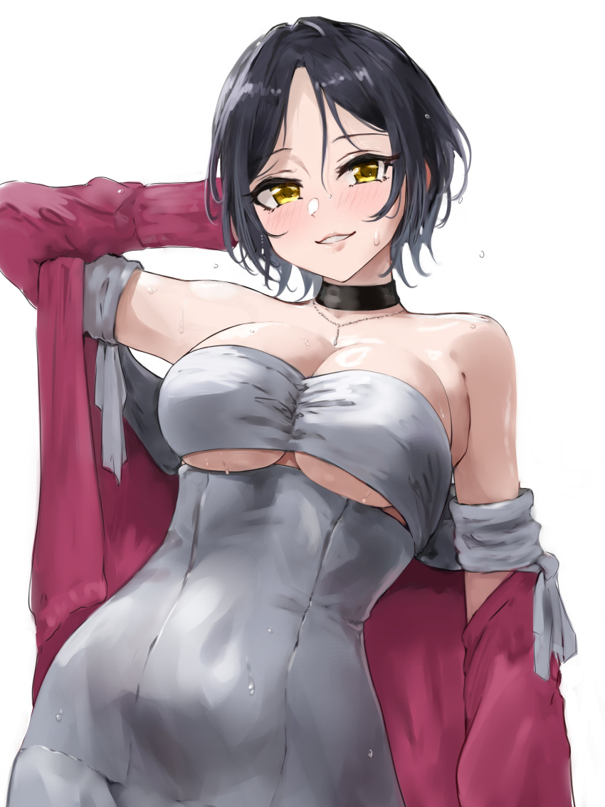 absurdres bad_id bad_twitter_id bare_shoulders black_choker black_hair blush breasts choker cleavage collarbone covered_navel dress earrings female hayami_kanade highres idolmaster idolmaster_cinderella_girls idolmaster_cinderella_girls_starlight_stage jewelry lamp_p9 looking_at_viewer medium_breasts necklace off_shoulder open_mouth parted_bangs red_sweater short_hair smile solo sweater underboob wet wet_clothes white_dress yellow_eyes