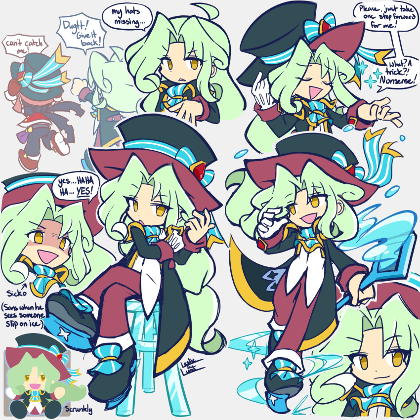 2boys absurdres black_headwear blush brown_eyes closed_eyes closed_mouth dugtt_(puyopuyo) english_text green_hair hat highres leslietheluna long_hair long_sleeves looking_at_viewer looking_away male_focus meme multiple_boys open_mouth parted_bangs puyopuyo puyopuyo_quest sans_(puyopuyo) short_hair sickos_(meme) smile speech_bubble the_onion top_hat