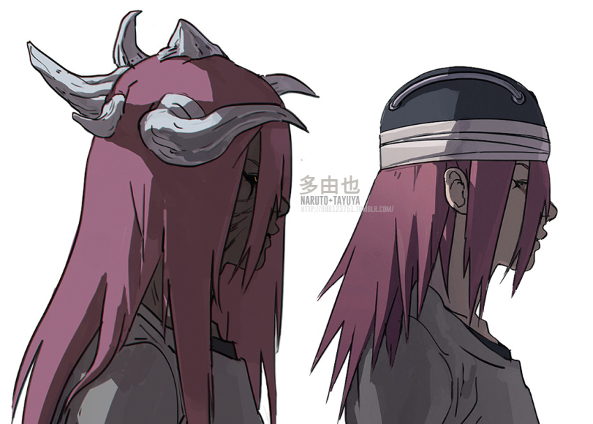 alternate_form bandages black_sclera character_name closed_mouth colored_sclera copyright_name curse_seal dark-skinned_female dark_skin demon_girl demon_horns dual_persona female fisher903 grey_horns grey_shirt horns multiple_horns naruto naruto_(series) ninja profile red_hair reference_sheet shirt simple_background solo tayuya_(naruto) upper_body white_background yellow_eyes