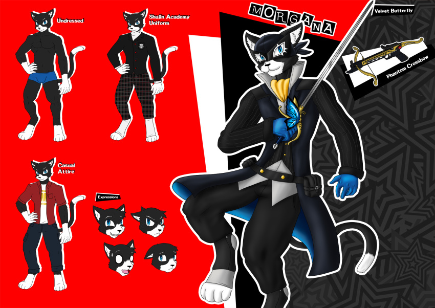 anthro atlus avoid_posting casual_clothing clothing costume crossbow domestic_cat english_text felid feline felis flameydragwasp hi_res male mammal megami_tensei megami_tensei_persona melee_weapon model_sheet morgana_(persona) persona_(series) persona_5 ranged_weapon rapier sega solo sword text uniform weapon