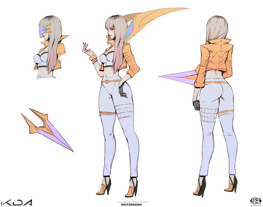 ass bangs banned_artist black_gloves blunt_bangs bracelet breasts concept_art female gloves gradient_hair grey_hair hair_over_shoulder hand_up high_heels highres holding jacket jewelry kai'sa league_of_legends long_hair medium_breasts microphone midriff multicolored_hair multiple_views navel open_clothes open_jacket orange_jacket pants simple_background single_glove skin_tight standing white_background white_bustier white_pants zeronis