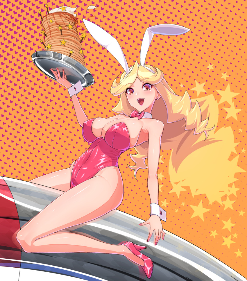 animal_ears bare_legs blonde_hair bow bowtie breasts cleavage commentary_request detached_collar female food full_body heart heart_background highres honey_(space_dandy) kemurin kneeling large_breasts leotard long_hair looking_at_viewer orange_background pancake pancake_stack pink_bow pink_bowtie pink_footwear pink_leotard playboy_bunny rabbit_ears rabbit_tail red_bow red_bowtie red_eyes red_leotard riding rocket smile solo space_dandy strapless strapless_leotard tail wrist_cuffs