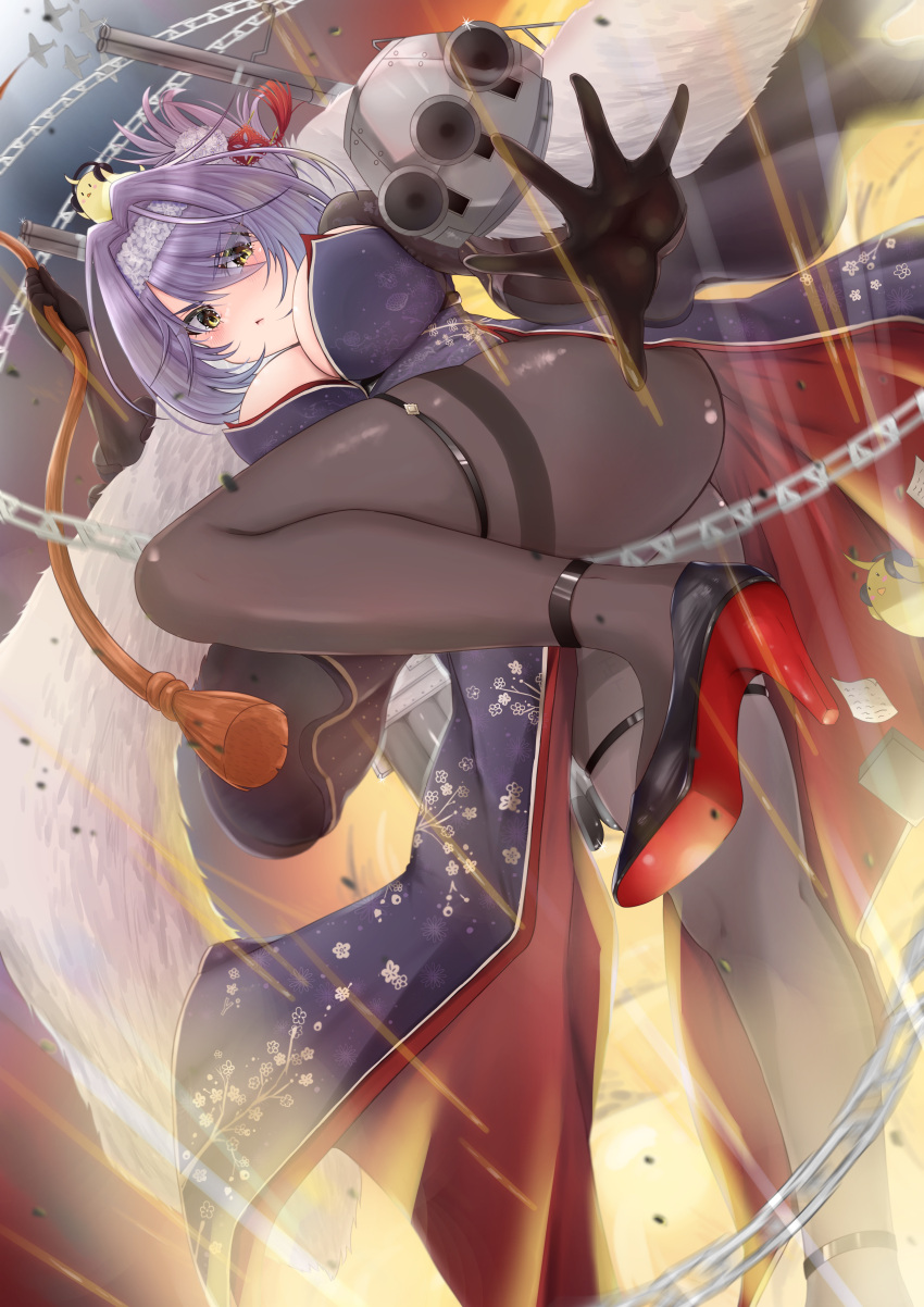 absurdres aircraft azur_lane black_footwear black_gloves black_pantyhose breasts chains china_dress chinese_clothes commentary_request dress eesuke_(shin1athke) feather_boa female foot_out_of_frame from_below fur_hairband gloucester_(azur_lane) gloucester_(brilliance_in_purple)_(azur_lane) gloves high_heels highres large_breasts looking_at_viewer manjuu_(azur_lane) medium_hair official_alternate_costume pantyhose pelvic_curtain purple_dress purple_hair shoes solo standing standing_on_one_leg thighband_pantyhose wide_sleeves yellow_eyes