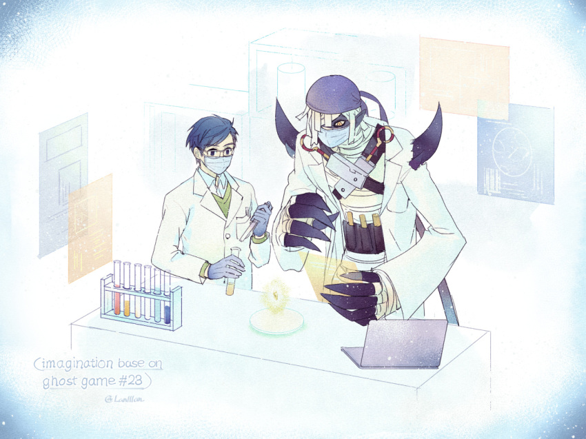 bandai_namco bandana blue_hair claws digimon digimon_(species) digimon_ghost_game doctor duo english_text eyewear glasses hair human humanoid joe_kido kerchief lanllan male mammal mask medical_instrument mummymon scientific_instrument surgical_mask text vial