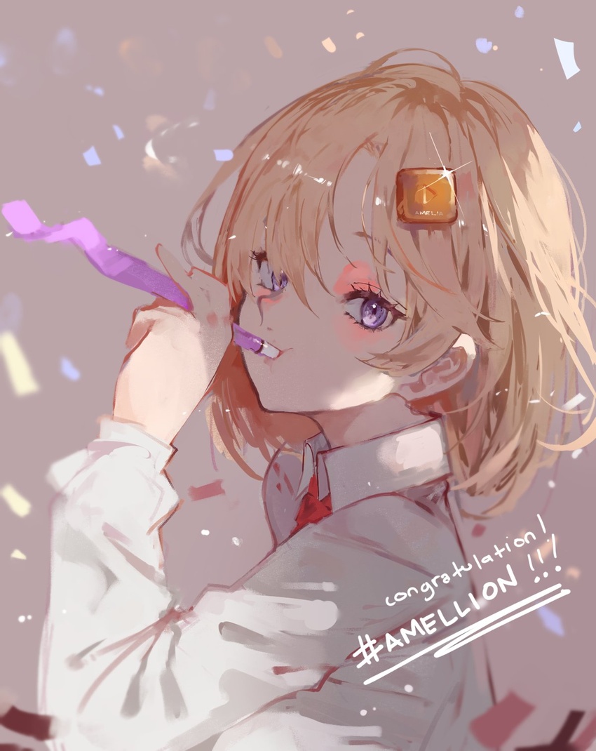 alternate_eye_color blonde_hair blue_eyes blush bob_cut collared_shirt confetti congratulations dokuro_deluxe female from_side grey_background head_tilt highres hololive hololive_english in_mouth looking_at_viewer medium_hair necktie party_whistle purple_eyes red_necktie shirt solo virtual_youtuber watson_amelia watson_amelia_(1st_costume) white_shirt