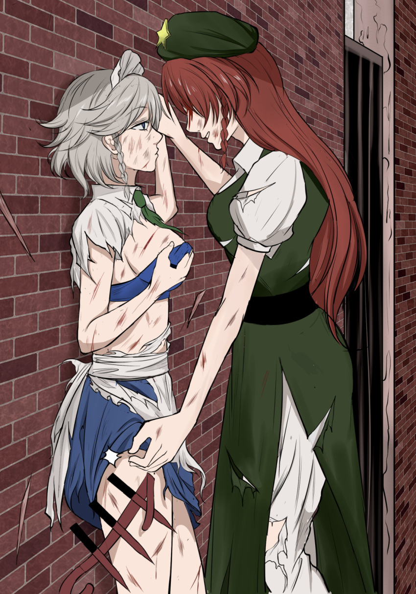 2girls ascot baggy_pants bangs beret blood blood_on_clothes blood_on_face blue_eyes braid breasts brick_wall chinese_clothes cleavage closed_mouth collared_shirt expressionless eyebrows_visible_through_hair green_ascot green_headwear hand_on_own_chest hat highres holding_hands holster hong_meiling injury izayoi_sakuya knife knife_holster long_hair looking_at_another maid maid_headdress medium_breasts multiple_girls pants pinned puffy_short_sleeves puffy_sleeves red_hair sash shirt short_sleeves silver_hair smile soregashi_(nobuyoshi-numa2) standing thigh_holster thighs torn_apron torn_clothes torn_pants touhou twin_braids wall white_pants white_sash wing_collar yuri