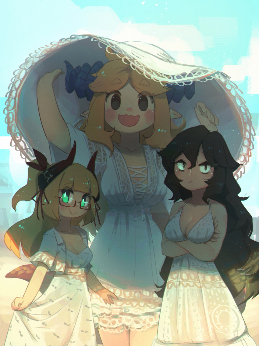 3girls :/ :d absurdres arms_under_breasts black_eyes black_hair blonde_hair blue_horns blunt_bangs blush borrowed_character breasts commentary crossed_arms crossover curled_horns dragon_maid_(murgoten) dress executioner_maid_(centuriic) flareze_(porforever) freckles glasses green_eyes hat height_difference highres horns large_breasts long_hair looking_at_viewer medium_breasts multiple_crossover multiple_girls no_pupils open_mouth original pointy_ears porforever red-framed_eyewear sanpaku semi-rimless_eyewear short_sleeves skirt_hold sleeveless sleeveless_dress smile sun_hat symbol-only_commentary two_side_up under-rim_eyewear very_long_hair white_dress