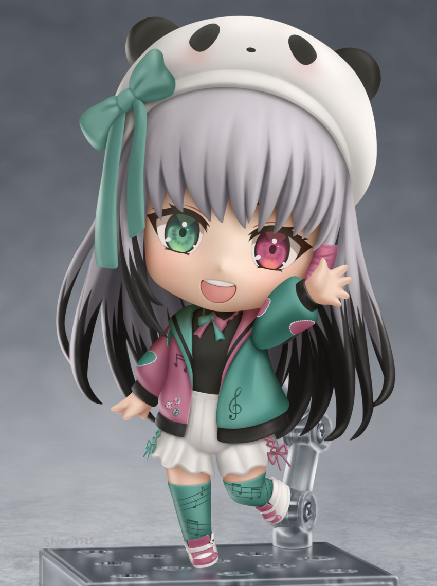 black_hair blush chibi commission cyberlive faux_figurine female full_body green_eyes grey_hair heterochromia highres long_hair long_sleeves looking_at_viewer multicolored_hair nendoroid open_mouth red_eyes second-party_source shiori2525 smile solo teeth upper_teeth_only utano_pandora virtual_youtuber