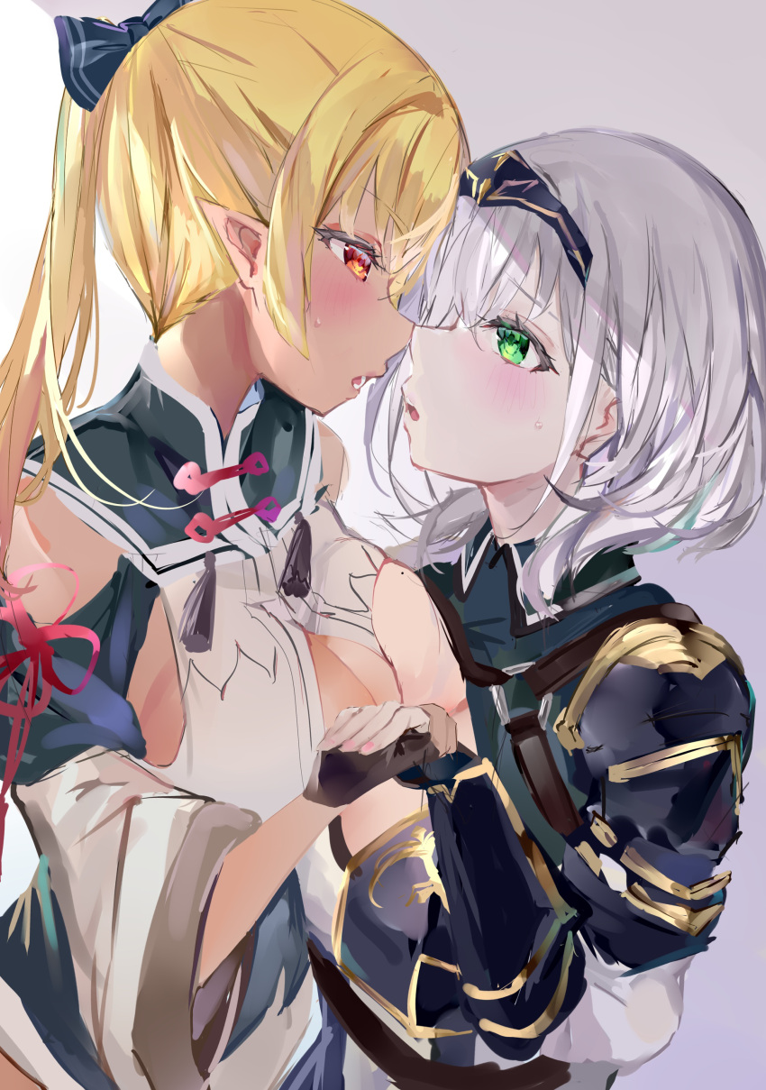 2girls absurdres blonde_hair blush breast_press breasts green_eyes grey_hair hand_grab highres hololive imminent_kiss large_breasts long_hair medium_hair mile_(off8mile) multiple_girls orange_eyes pointy_ears shiranui_flare shiranui_flare_(old_design) shirogane_noel shirogane_noel_(1st_costume) virtual_youtuber yuri