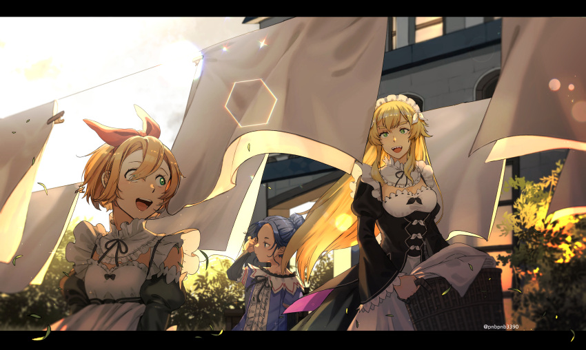 3girls :d bangsutur blonde_hair blue_hair bow_hairband dress frederica_baumann frilled_dress frills green_eyes hair_bun hair_ornament hairband highres laundry laundry_basket letterboxed long_hair maid maid_headdress meili_portroute multiple_girls open_mouth orange_hair petra_leyte re:zero_kara_hajimeru_isekai_seikatsu red_ribbon ribbon roswaal_mansion_maid_uniform sharp_teeth short_hair single_hair_bun smile teeth tree