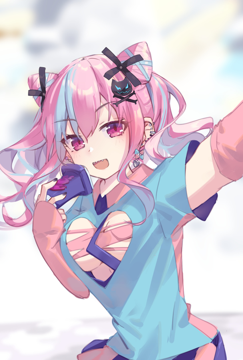 blue_hair breast_cutout cone_hair_bun curly_hair double_bun earrings female hair_bun hair_ornament highres jewelry kamen_rider kamen_rider_revice mo_(pixiv9929995) ou-sama_no_propose pink_eyes pink_hair selfie solo tokishima_kurara torn_clothes twintails vistamp x_hair_ornament