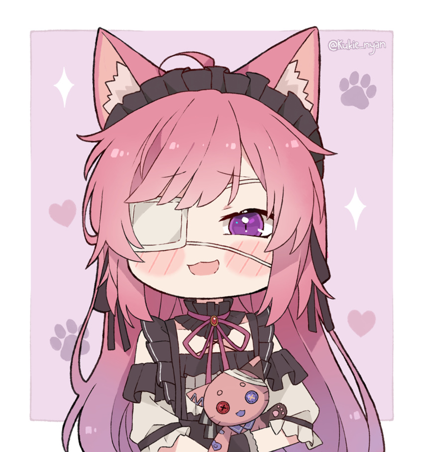 :d animal_ear_fluff animal_ears blush_stickers cat_girl chibi chibi_only choker commentary english_commentary eyepatch female frilled_choker frills gothic_lolita hairband highres indie_virtual_youtuber kukie-nyan lolita_fashion lolita_hairband maid_headdress medical_eyepatch mikeneko_(vtuber) mikeneko_(vtuber)_(1st_costume) pink_hair pon-chan_(mikeneko) purple_eyes romaji_commentary smile solo twitter_username virtual_youtuber