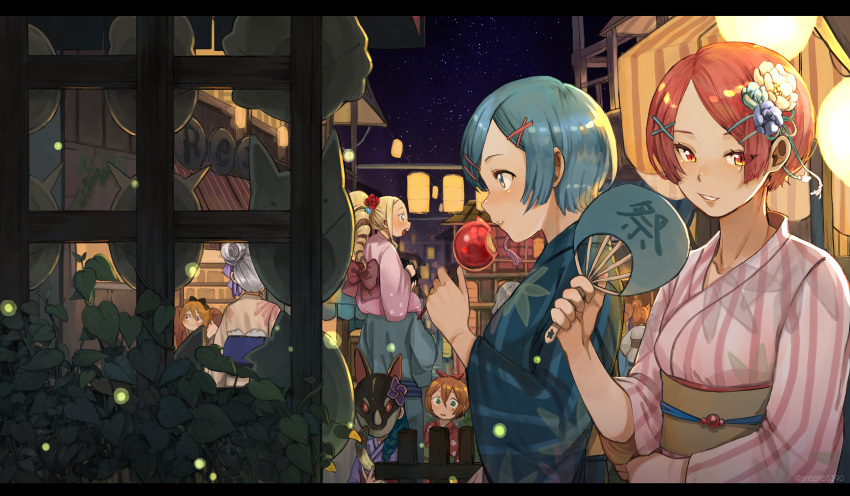 1boy 6+girls absurdres bangsutur beatrice_(re:zero) black_hair blonde_hair blue_eyes blue_hair candy_apple carrying emilia_(re:zero) felt_(re:zero) festival flower food grey_hair hair_flower hair_ornament hair_ribbon hand_fan highres japanese_clothes kimono lantern letterboxed long_hair mask meili_portroute multiple_girls natsuki_subaru orange_hair petra_leyte piggyback pink_eyes pink_hair ram_(re:zero) re:zero_kara_hajimeru_isekai_seikatsu red_ribbon rem_(re:zero) ribbon short_hair smile yukata