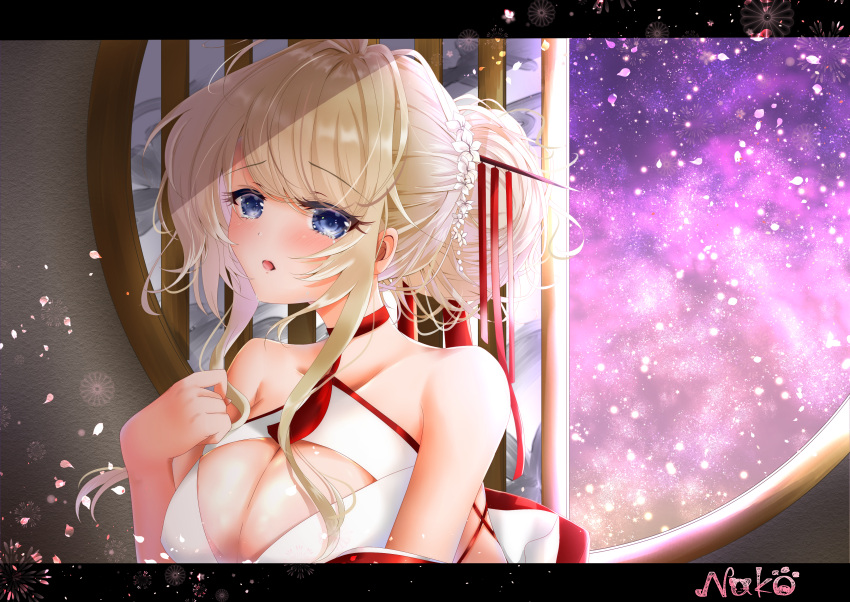 absurdres artist_name azur_lane bare_shoulders blonde_hair blue_eyes breasts chinese_clothes chinese_new_year choker cleavage_cutout clothing_cutout dress female flower glorious_(azur_lane) glorious_(pungent_plum)_(azur_lane) hair_ornament hair_stick highres indoors kanzashi large_breasts letterboxed long_hair nako_nya neckwear_request official_alternate_costume open_clothes open_dress petals red_choker red_dress solo tied_hair white_flower