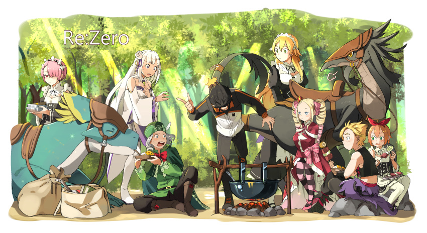 absurdres annotated bangsutur bare_shoulders beatrice_(re:zero) black_hair blonde_hair blue_eyes campfire capelet detached_sleeves eating emilia_(re:zero) flower forest frederica_baumann frufoo fur-trimmed_capelet fur_trim garfiel_tinsel hair_flower hair_ornament hair_ribbon hair_slicked_back hat highres light_rays long_hair luggage maid natsuki_subaru nature orange_hair otto_suewen outdoors patrasche_(re:zero) petra_leyte pink_eyes pink_hair purple_eyes purple_ribbon ram_(re:zero) re:zero_kara_hajimeru_isekai_seikatsu red_capelet red_ribbon ribbon roswaal_mansion_maid_uniform short_hair sitting sunbeam sunlight white_flower white_hair x_hair_ornament