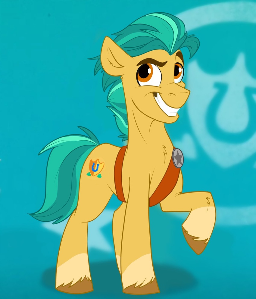 cutie_mark earth_pony equid equine eyebrows feral fur grin hasbro hi_res hitch_trailblazer_(mlp) hooves horse male mammal mlp_g5 my_little_pony my_little_pony:_tell_your_tale orange_eyes pony raised_eyebrow raised_hoof rutkotka smile solo tuft yellow_body yellow_fur