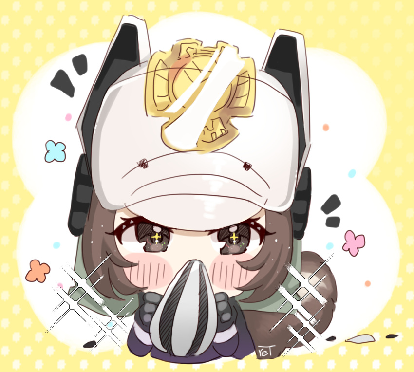 +_+ animal_ears animal_ears_helmet arknights black_gloves black_jacket blue_flower blush_stickers brown_eyes brown_flower brown_hair commentary_request covered_mouth cropped_torso fake_animal_ears female fire_helmet firefighter_jacket flower gloves highres holding jacket long_sleeves looking_at_viewer pink_flower polka_dot polka_dot_background retxoxt seed shaw_(arknights) signature solo sparkle squirrel_ears squirrel_tail sunflower_seed tail two-tone_background upper_body white_background white_headwear yellow_background