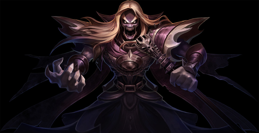 1boy armor black_background black_dress blonde_hair chains collaboration commentary cowboy_shot dress glowing glowing_eyes holding holding_microphone karthus league_of_legends long_hair looking_at_viewer male_focus microphone official_alternate_costume open_mouth pentakill_(league_of_legends) pentakill_karthus shoulder_armor simple_background solo teeth vegacolors