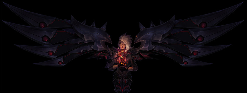 black_background black_gloves black_jacket black_pants blonde_hair collaboration commentary_request cowboy_shot female gloves glowing glowing_eyes highres holding holding_microphone holding_sword holding_weapon jacket kayle_(league_of_legends) league_of_legends long_hair looking_at_viewer microphone official_alternate_costume pants pentakill_(league_of_legends) pentakill_kayle simple_background sword vegacolors weapon wings