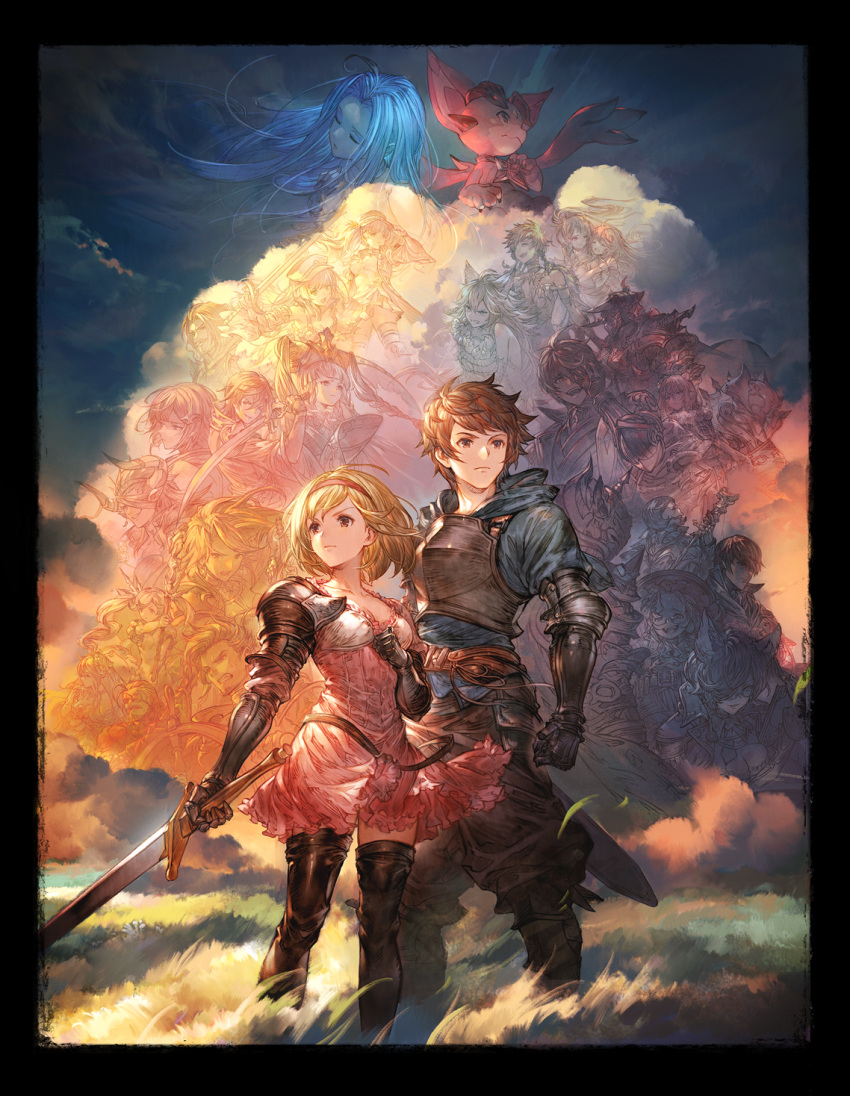 6+boys 6+girls adam_(granblue_fantasy) ahoge angry animal_ears annotated armor baggy_pants black_border black_knight_(granblue_fantasy) blonde_hair blue_hair blue_knight_(granblue_fantasy) blunt_bangs boots border bound bound_wrists braid breastplate brown_eyes brown_hair cain_(granblue_fantasy) cape clenched_hand clenched_teeth closed_eyes cloud collarbone djeeta_(granblue_fantasy) dragon draph dress erune eugen_(granblue_fantasy) eyepatch fenrir_(shingeki_no_bahamut) fighter_(granblue_fantasy) freesia_(granblue_fantasy) full_armor furias gauntlets gilbert_(granblue_fantasy) glasses golden_knight_(granblue_fantasy) gran_(granblue_fantasy) granblue_fantasy grass grin hair_ornament hair_over_one_eye hairband hal_(granblue_fantasy) hand_on_headwear hand_over_eye hat highres holding holding_sword holding_weapon hood hoodie horns hug hug_from_behind io_(granblue_fantasy) katalina_(granblue_fantasy) laughing lecia_(granblue_fantasy) leona_(granblue_fantasy) loki_(granblue_fantasy) long_hair looking_at_viewer looking_to_the_side lyria_(granblue_fantasy) mika_(granblue_fantasy) monika_weisswind multiple_boys multiple_girls official_art open_mouth pants parted_bangs pholia pink_dress pointy_ears pommern rackam_(granblue_fantasy) reinhardtzar rosetta_(granblue_fantasy) scarlet_knight_(granblue_fantasy) ship's_wheel shitori_(granblue_fantasy) short_hair smile staff sword teeth thigh_boots thighhighs twintails vyrn_(granblue_fantasy) weapon