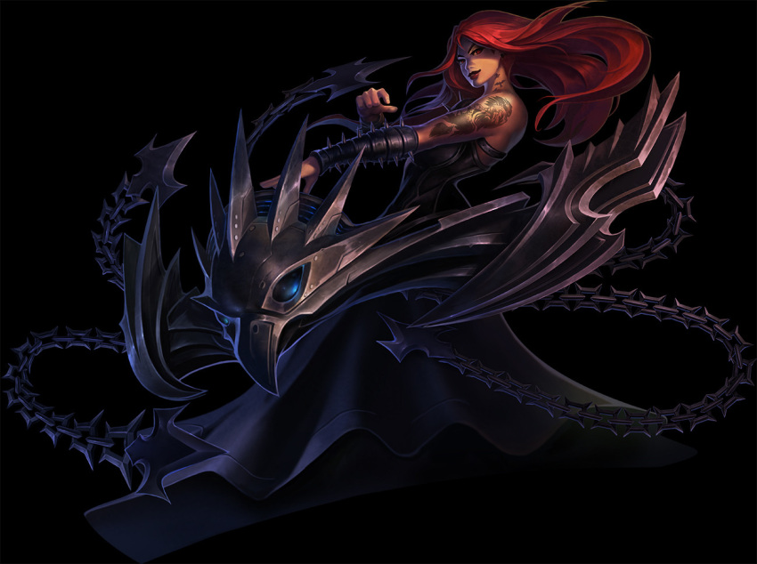 arm_tattoo black_background black_dress chains collaboration dress female from_side instrument league_of_legends long_hair looking_at_viewer neck_tattoo official_alternate_costume pentakill_(league_of_legends) pentakill_sona red_hair shoulder_tattoo simple_background solo sona_(league_of_legends) spikes tattoo vegacolors weapon