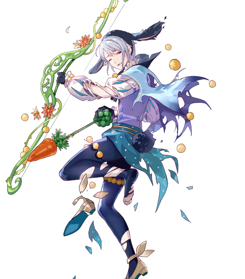 1boy arrow_(projectile) black_gloves blue_cape blue_pantyhose blue_vest bow_(weapon) cape fire_emblem fire_emblem_awakening fire_emblem_heroes gloves grey_hair henry_(fire_emblem) henry_(spring)_(fire_emblem) high_heels highres holding holding_arrow holding_bow_(weapon) holding_weapon long_sleeves looking_at_viewer male_focus non-web_source official_art pantyhose parted_lips purple_eyes short_hair solo tobi_(kotetsu) torn_cape torn_clothes torn_pantyhose transparent_background vest weapon