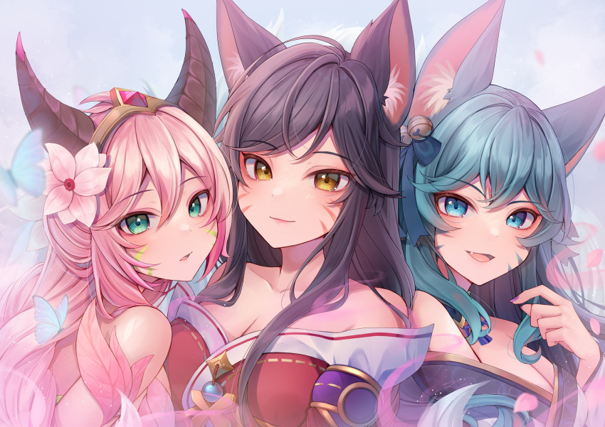 3girls ahri_(league_of_legends) animal_ears black_hair blue_butterfly blue_eyes blue_hair breasts bug butterfly cleavage closed_mouth collarbone earrings elderwood_ahri fingernails flower fox_ears fox_girl green_eyes hair_between_eyes hair_flower hair_ornament highres jewelry large_breasts league_of_legends long_hair looking_at_viewer momoirone multiple_girls multiple_persona nail_polish oerba_yun_fang official_alternate_costume official_alternate_hairstyle open_mouth petals pink_hair purple_nails sidelocks smile spirit_blossom_(league_of_legends) spirit_blossom_ahri upper_body yellow_eyes