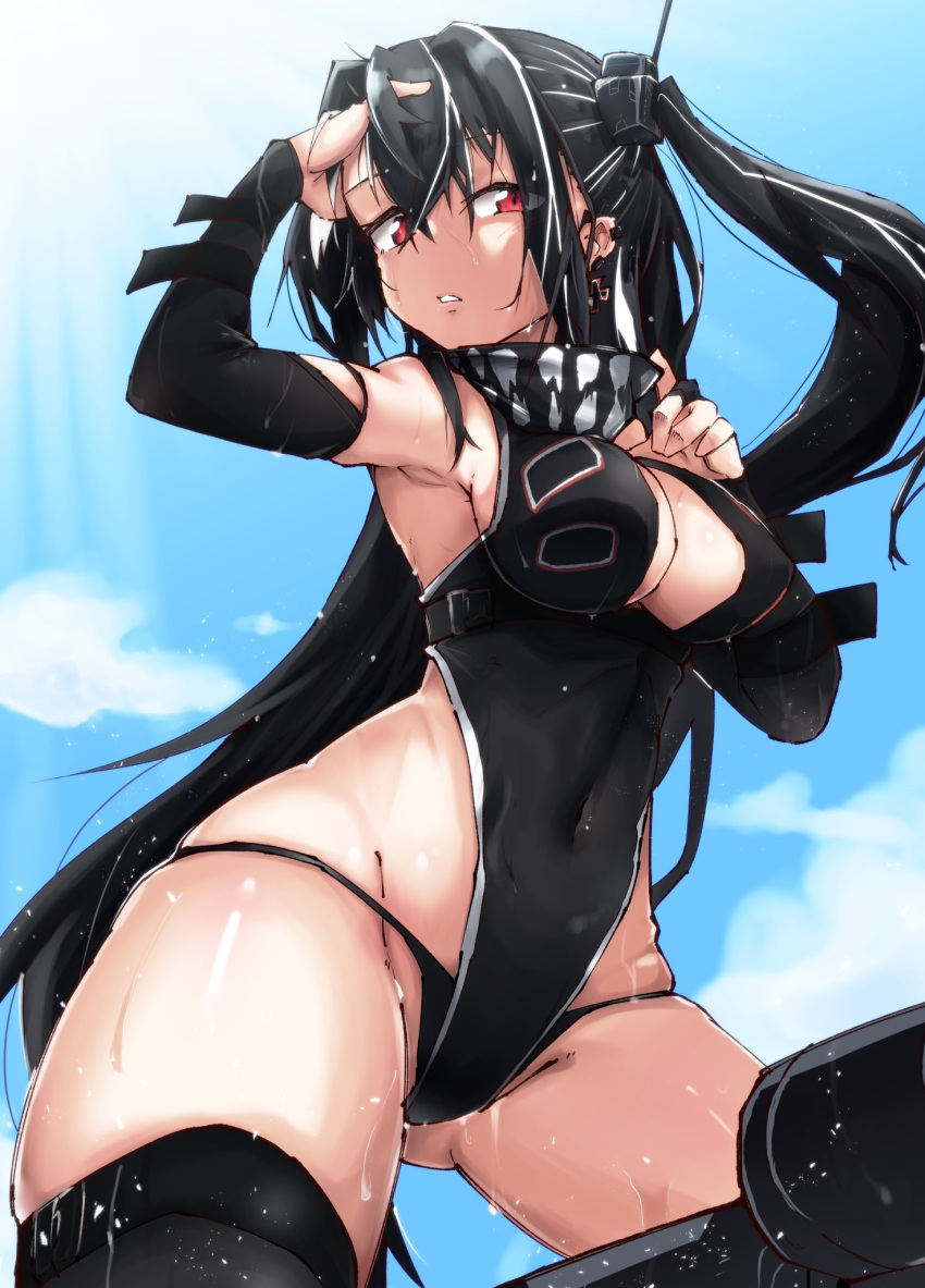 adjusting_hair arm_up armpits ass_visible_through_thighs azur_lane black_hair black_leotard black_panties black_sleeves black_thighhighs blue_sky breasts cloud cloudy_sky covered_navel cross cross_earrings detached_sleeves earrings female groin highres iron_cross jewelry large_breasts leotard long_hair looking_at_viewer multicolored_hair one_side_up outdoors panties parted_lips red_eyes sky solo streaked_hair tenteru thighhighs u-47_(azur_lane) underwear wet white_hair