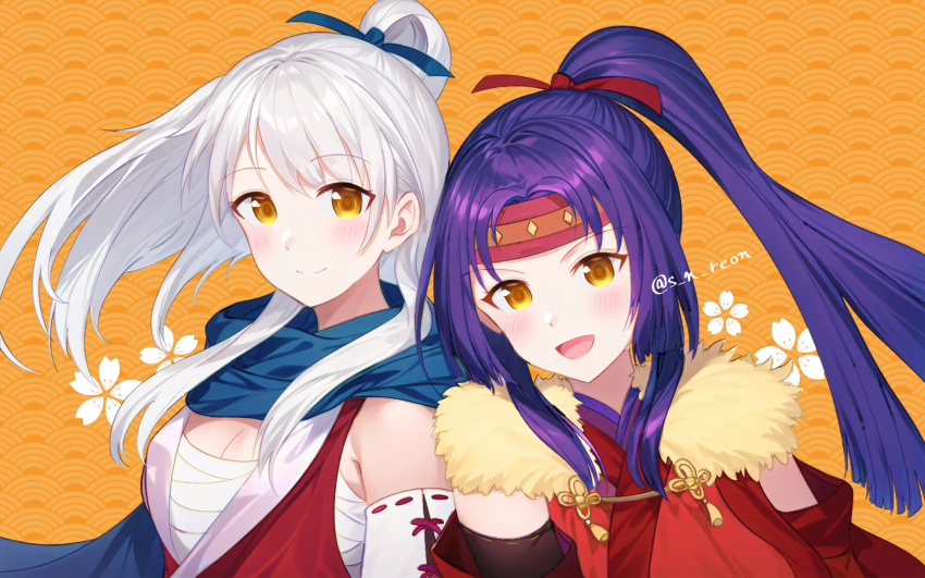 2girls :d blue_scarf breasts cleavage commentary_request detached_sleeves fire_emblem fire_emblem:_radiant_dawn fire_emblem_heroes headband highres japanese_clothes long_hair looking_at_viewer micaiah_(fire_emblem) micaiah_(ninja)_(fire_emblem) multiple_girls official_alternate_costume official_alternate_hairstyle open_mouth ponytail purple_hair red_headband s_n_reon sanaki_kirsch_altina sanaki_kirsch_altina_(ninja) scarf siblings sisters smile twitter_username upper_body white_hair yellow_eyes