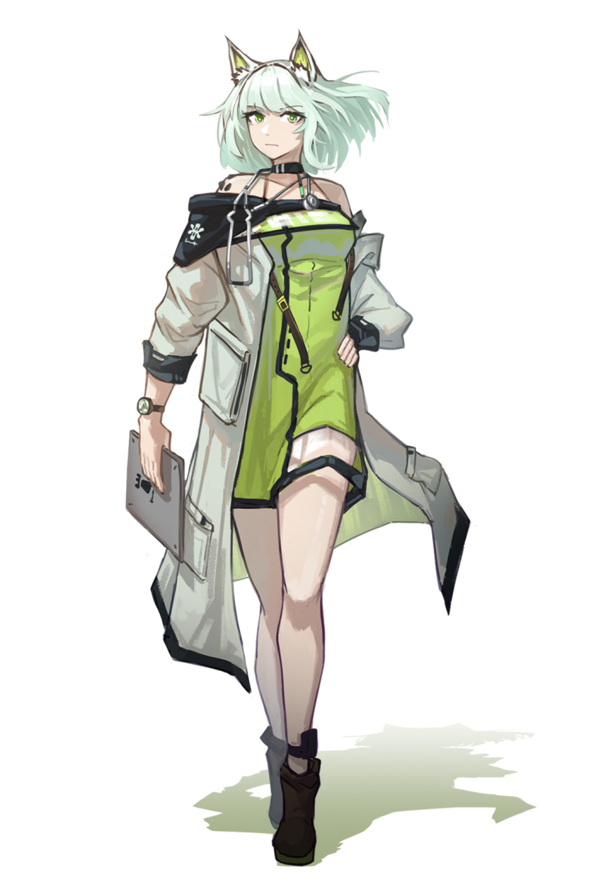 animal_ears arknights black_footwear boots cat_ears cat_girl coat dress female full_body green_dress green_eyes green_hair hand_on_own_hip highres holding kal'tsit_(arknights) long_sleeves material_growth off-shoulder_coat off-shoulder_dress off_shoulder open_clothes open_coat oripathy_lesion_(arknights) simple_background standing stethoscope taoxisama watch white_background white_coat wristwatch