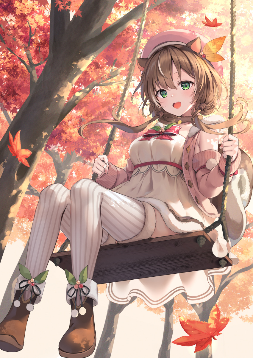 absurdres animal_ears autumn_leaves ayunda_risu ayunda_risu_(1st_costume) black_footwear blush breasts brown_hair detached_hair dress female fur-trimmed_thighhighs fur_choker fur_trim fuyoyo hair_ornament highres hololive hololive_indonesia large_breasts leaf_hair_ornament long_hair looking_at_viewer open_mouth paint_splatter paint_splatter_on_face palette_hair_ornament pink_headwear pink_sweater sitting smile squirrel_ears squirrel_girl squirrel_tail stitched_face stitches sweater swing tail thighhighs virtual_youtuber white_dress