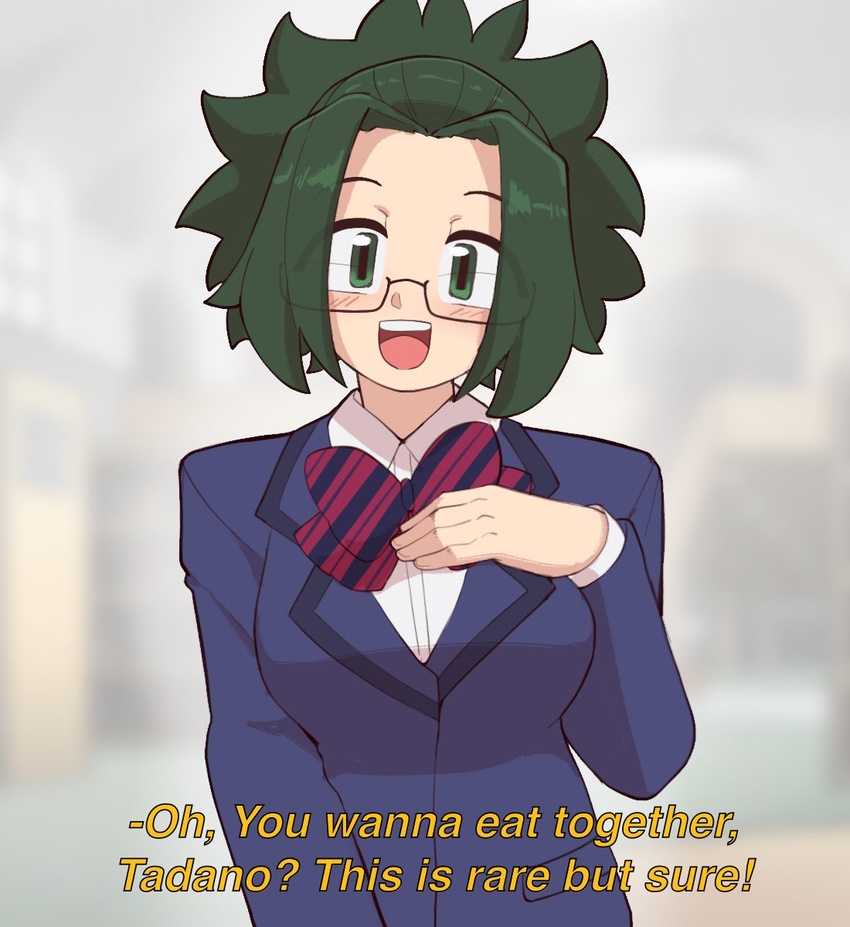 :d agari_himiko blush bow bowtie breasts commentary english_commentary english_text female glasses green_eyes green_hair highres komi-san_wa_komyushou_desu looking_at_viewer nudiedoodles open_mouth school_uniform smile solo subtitled upper_body